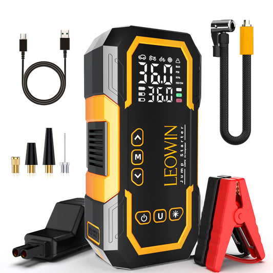 Leowin Jump Starter with Air Compressor, Battery Jumper Starter Portable(9.0 Gas/6.5L Diesel) with Tire Inflator, 12V Car Battery Jump Starter with Smart Jumper Cables, LED Light, LCD Display