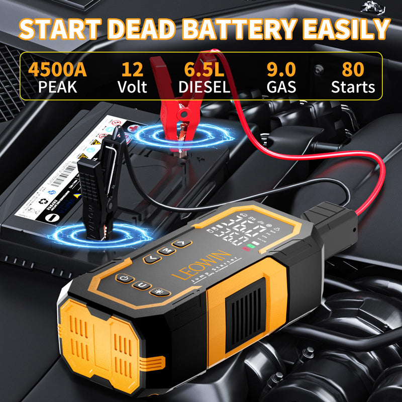 Leowin Jump Starter with Air Compressor, Battery Jumper Starter Portable(9.0 Gas/6.5L Diesel) with Tire Inflator, 12V Car Battery Jump Starter with Smart Jumper Cables, LED Light, LCD Display