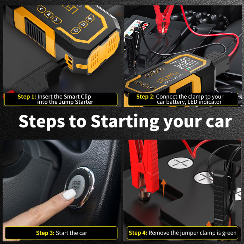 Leowin Jump Starter with Air Compressor, Battery Jumper Starter Portable(9.0 Gas/6.5L Diesel) with Tire Inflator, 12V Car Battery Jump Starter with Smart Jumper Cables, LED Light, LCD Display