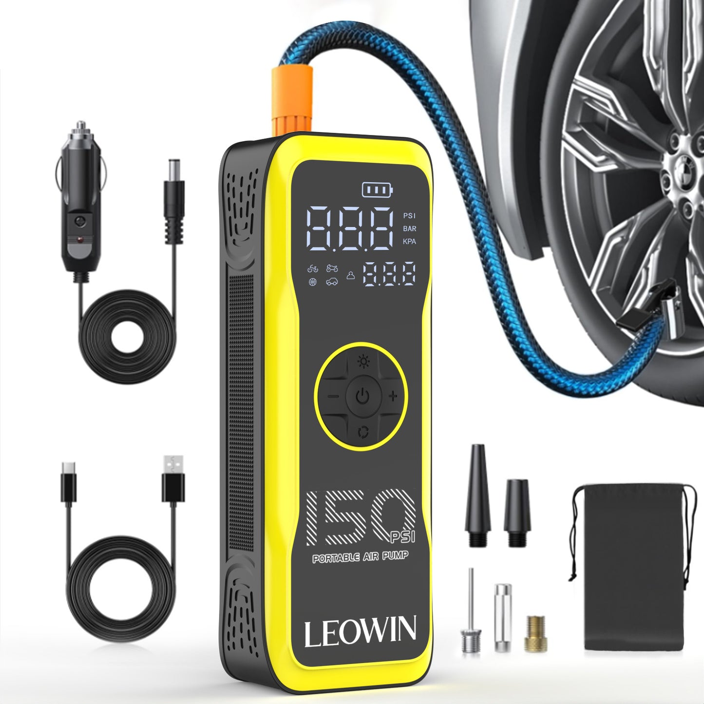 Leowin Portable Tire Air Pump with Digital Tire Pressure Meter/LED Light,Built-in Rechargeable Battery and 12V Car Power Adapter for Car, Motorcycle, Bicycle, Balls