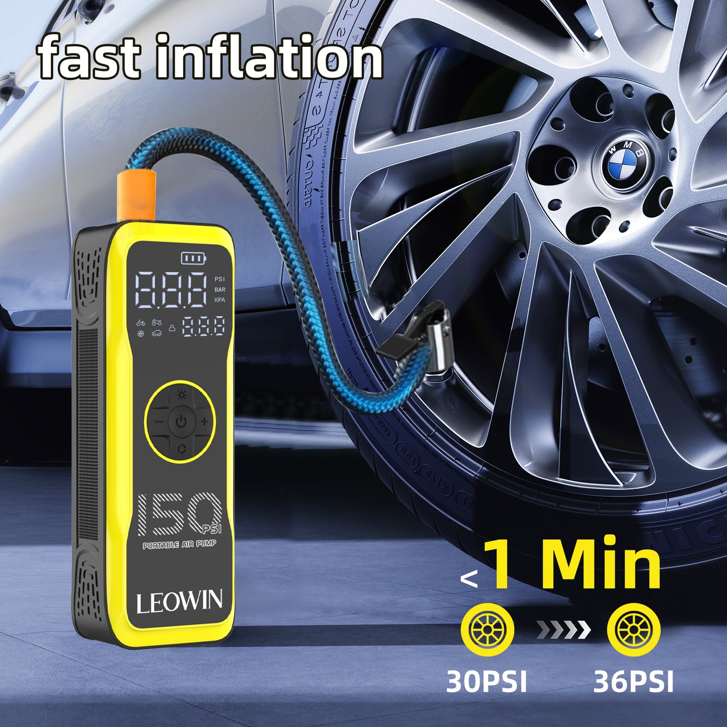 Leowin Portable Tire Air Pump with Digital Tire Pressure Meter/LED Light,Built-in Rechargeable Battery and 12V Car Power Adapter for Car, Motorcycle, Bicycle, Balls