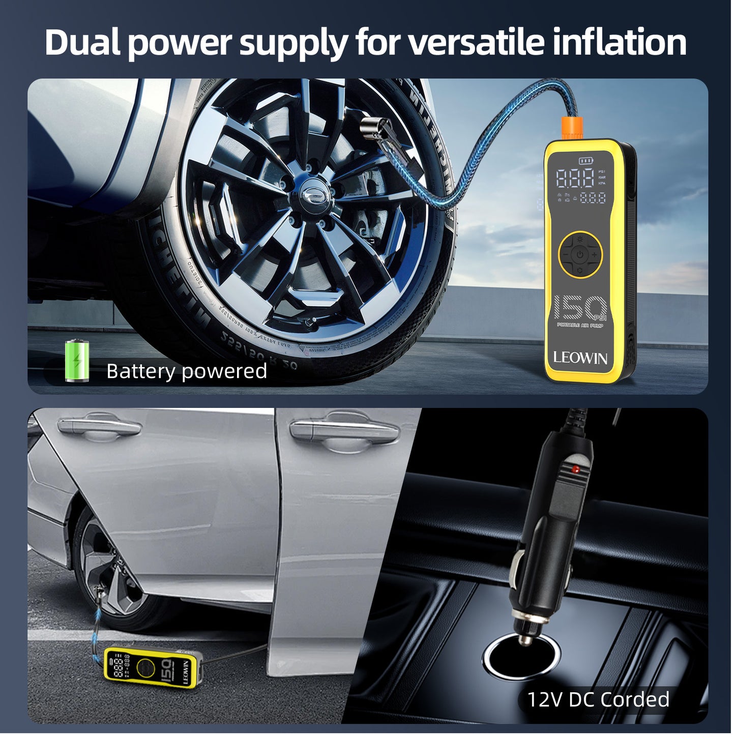 Leowin Portable Tire Air Pump with Digital Tire Pressure Meter/LED Light,Built-in Rechargeable Battery and 12V Car Power Adapter for Car, Motorcycle, Bicycle, Balls