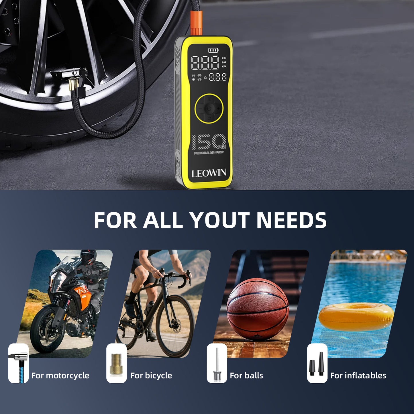 Leowin Portable Tire Air Pump with Digital Tire Pressure Meter/LED Light,Built-in Rechargeable Battery and 12V Car Power Adapter for Car, Motorcycle, Bicycle, Balls