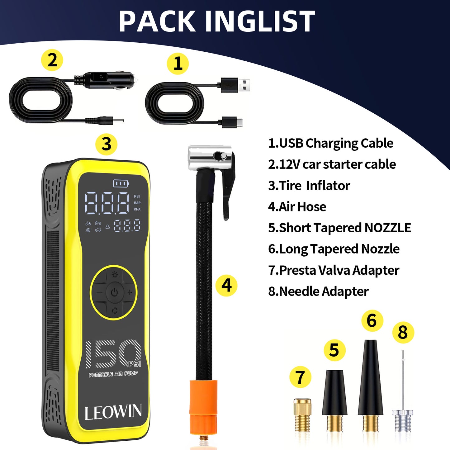 Leowin Portable Tire Air Pump with Digital Tire Pressure Meter/LED Light,Built-in Rechargeable Battery and 12V Car Power Adapter for Car, Motorcycle, Bicycle, Balls
