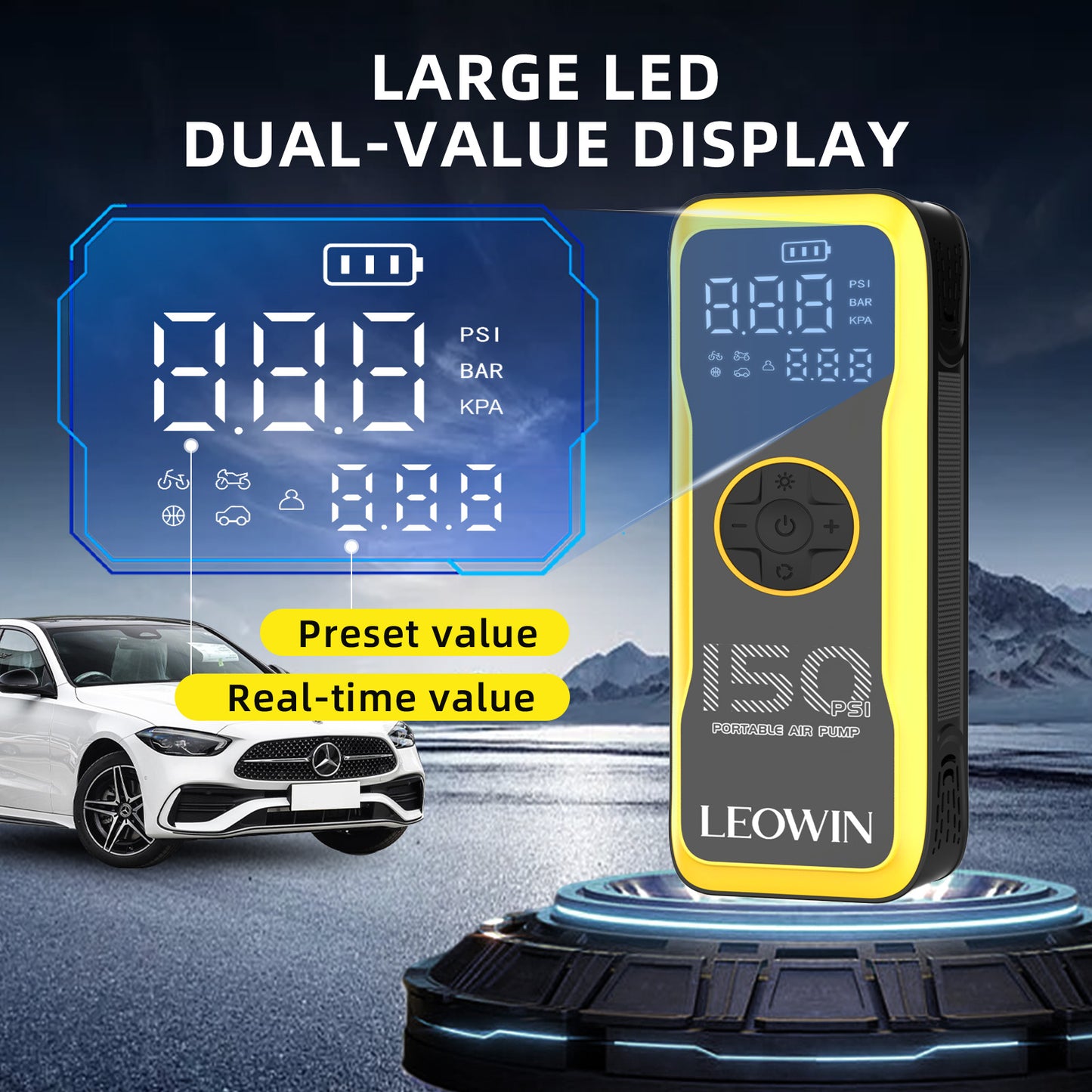 Leowin Portable Tire Air Pump with Digital Tire Pressure Meter/LED Light,Built-in Rechargeable Battery and 12V Car Power Adapter for Car, Motorcycle, Bicycle, Balls